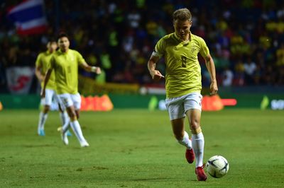 Full length of man running on soccer field