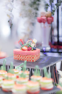 Close-up of cupcakes on table with catering service