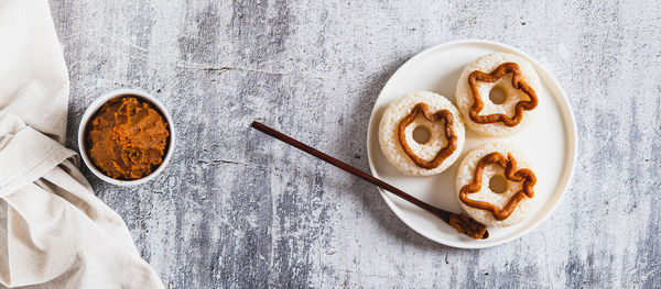 High angle view of dessert on table