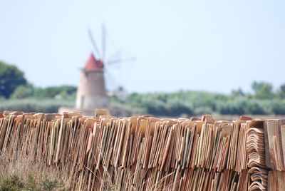 Close-up of wooden fence against sky