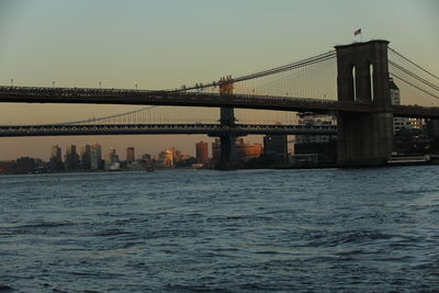 Bridge over river with city in background