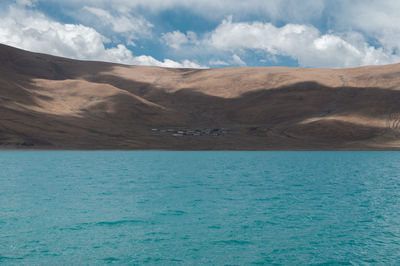 Scenic view of land and mountains against sky