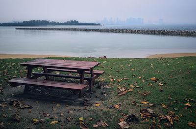Empty bench at lakeshore