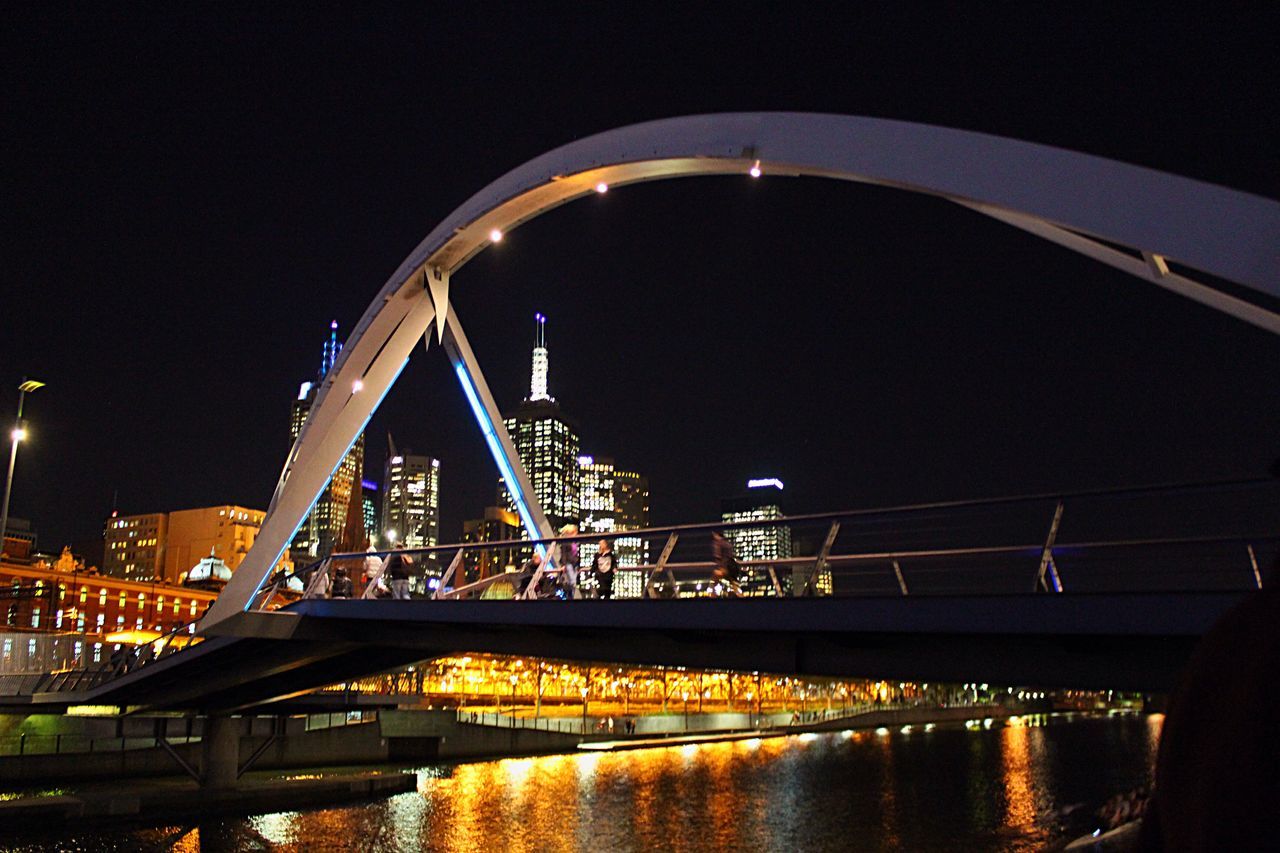 built structure, architecture, night, connection, bridge - man made structure, illuminated, water, river, bridge, waterfront, reflection, engineering, clear sky, arch, city, building exterior, arch bridge, transportation, travel destinations, outdoors