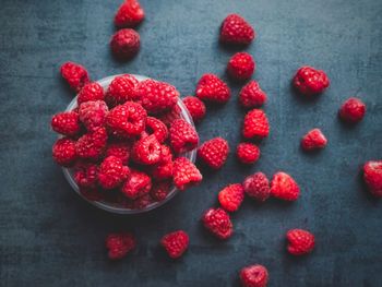 High angle view of raspberries on table