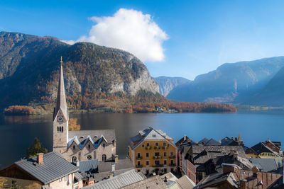 Houses by lake against sky