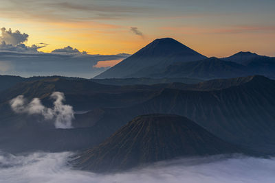 Scenic view of snowcapped mountains against sky during sunset