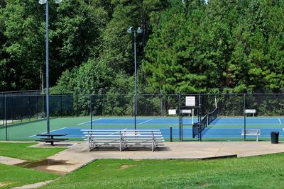 Tennis court by trees