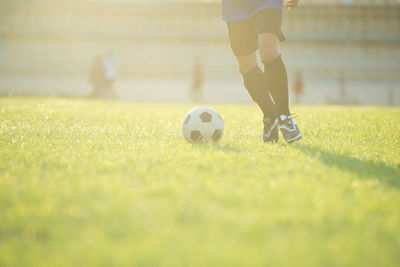 Low section of man playing soccer ball on grass
