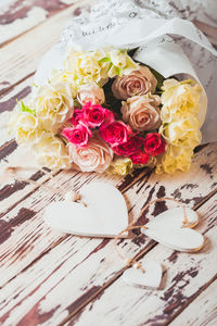 High angle view of roses on table