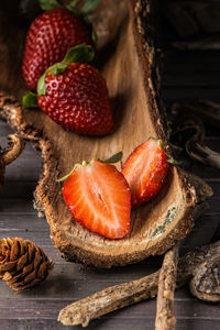 High angle view of strawberries on table