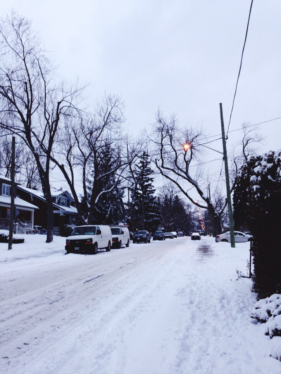 snow, winter, cold temperature, transportation, land vehicle, season, tree, car, mode of transport, weather, bare tree, road, street, clear sky, covering, the way forward, white color, nature, snow covered, day