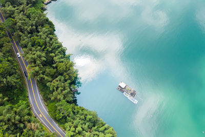 High angle view of trees by sea