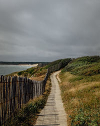 Wooden boardwalk amidst plants on land against sky