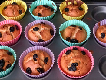 High angle view of cupcakes on table