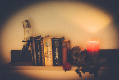 Close-up of books on table at home