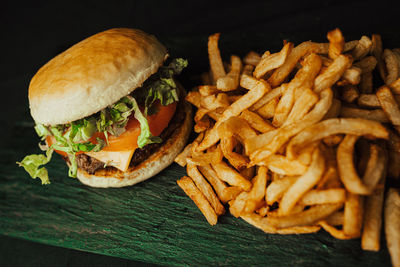 Close-up of burger on cutting board