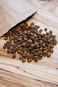 High angle view of coffee beans on table