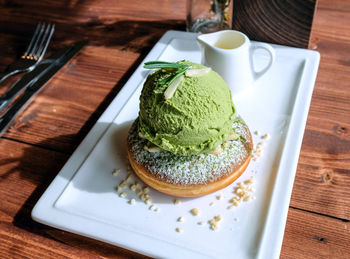 Close-up of ice cream in plate on table