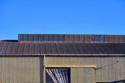 Exterior of factory against clear blue sky