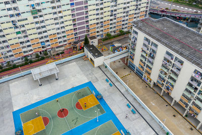 High angle view of buildings in city