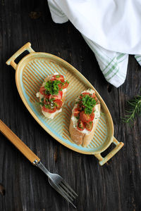 High angle view of food in plate on table