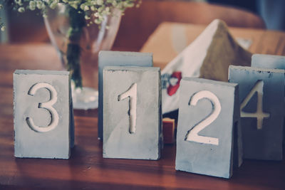 Close-up of numbers on table