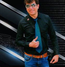 Digital composite image of man gesturing thumbs up