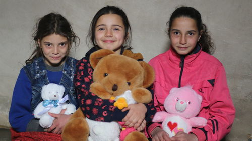 Portrait of smiling stuffed toys sitting at home