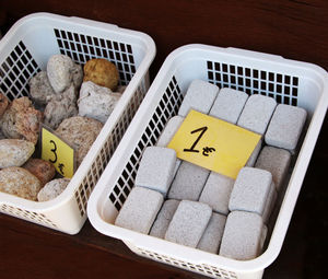 High angle view of bread in basket on table