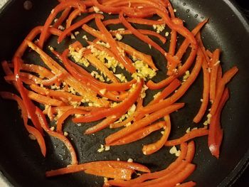 High angle view of chopped vegetables in pan