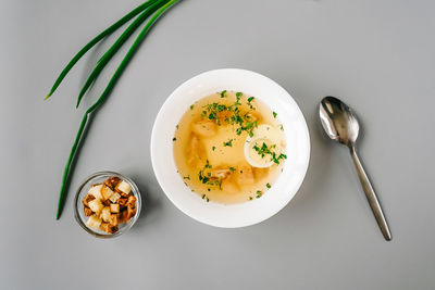 High angle view of soup in bowl on table