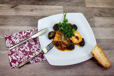 High angle view of food in plate on table