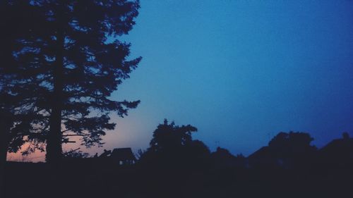 Low angle view of silhouette trees against blue sky