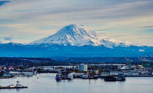 The port of tacoma and mount rainier in washington state.