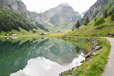 Scenic view of lake by mountains against sky
