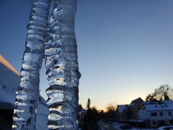 Close-up of icicles against clear sky during winter