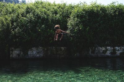 Full length of shirtless man jumping in lake