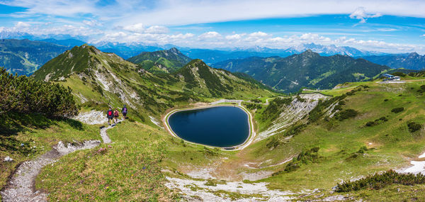 The panoramic view of blue alpine mountain lake seekarsee lies at 2000 meters. salzburg, austria