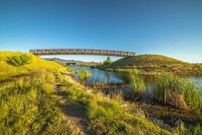 Bridge over river against clear blue sky