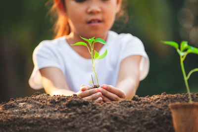 Midsection of girl holding plant in hand outdoors