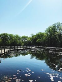 Scenic view of lake against clear blue sky