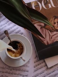 High angle view of breakfast on table