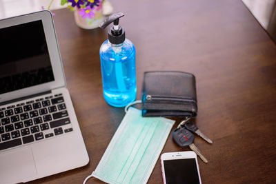 High angle view of mobile phone on table