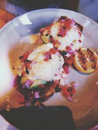 High angle view of food served in plate