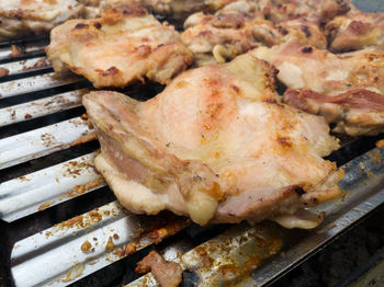 High angle view of food on barbecue grill