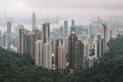 High angle view of modern buildings in city