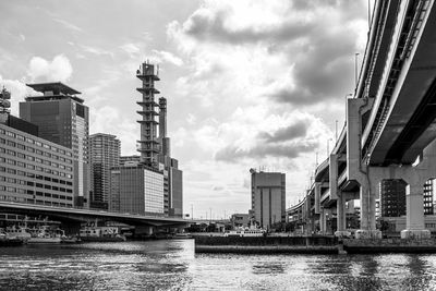 Bridge over river by buildings against sky in city