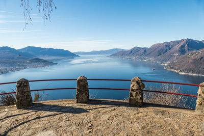 Wide angle aerial view of the lake maggiore from a belvedere in agra