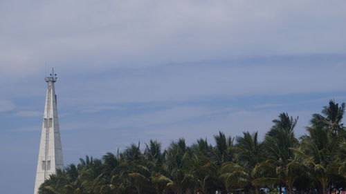 Low angle view of palm trees and building against sky